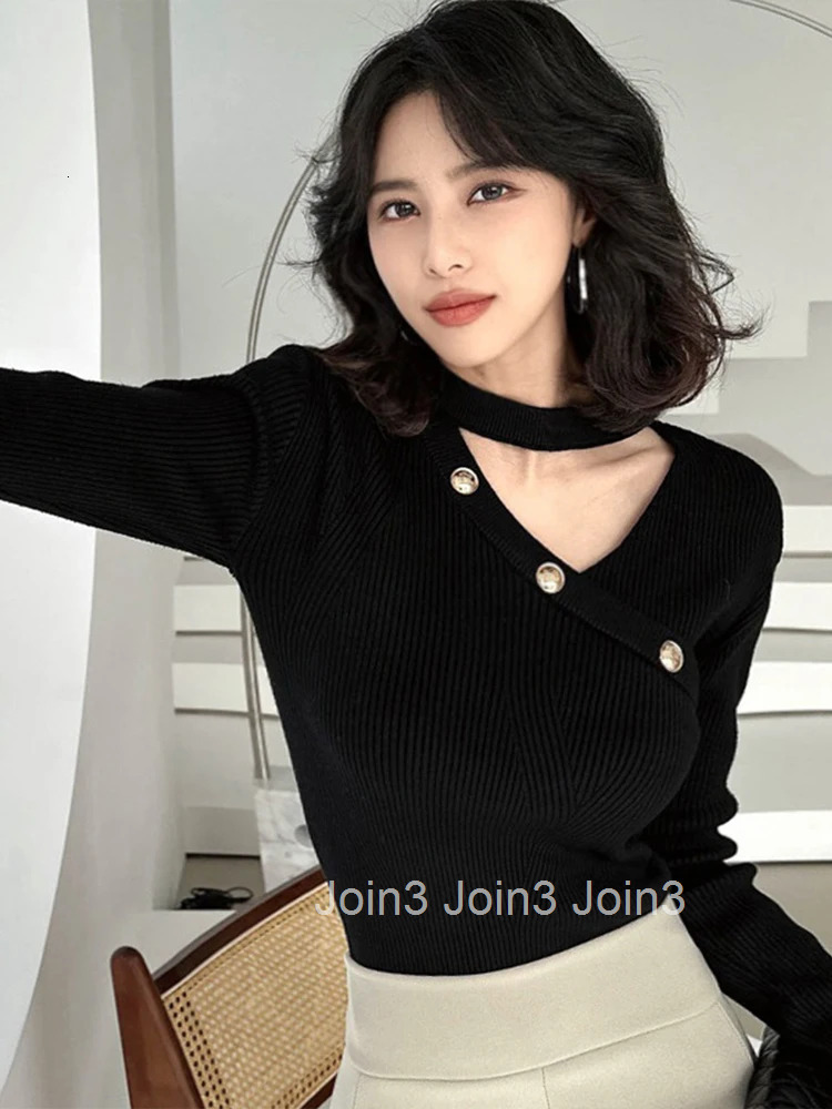 Fashion Autumn Winter Knitted Shirt Mujer Women Ladies Sweater Black Chic Hollow O-Neck Long Sleeve Skinny Stretchy Clothes Tops