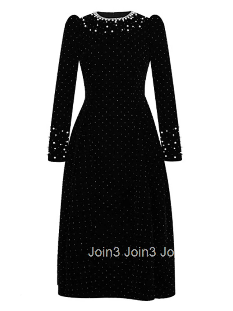 Women Clothes Elegant Luxury Sparkly Black Velvet Pearl O-Neck Slim A-Line Dress Fashion Evening Party Prom Vestidos Robe Casual