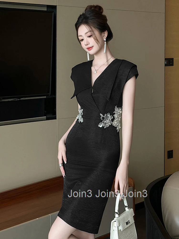 Women Clothes Formal Occasion Black Lapel Slim Mini Short Pencil Dress Elegant Commute Ladies Fashion Party Vestidos Summer New