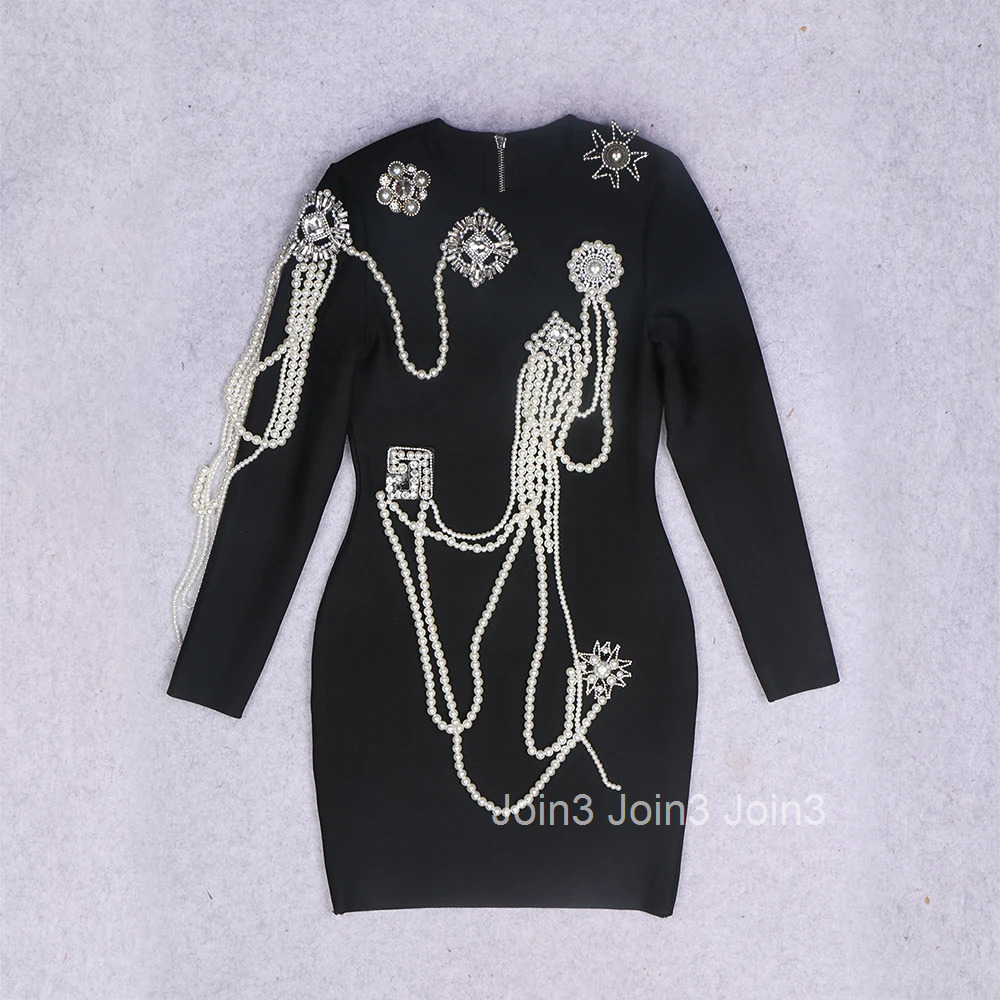 Luxury Fashion Womens Clothing Beading Diamond Black Bodycone Bandage Wrapped Hip Dress Elegant Long Sleeves Evening Party Gown