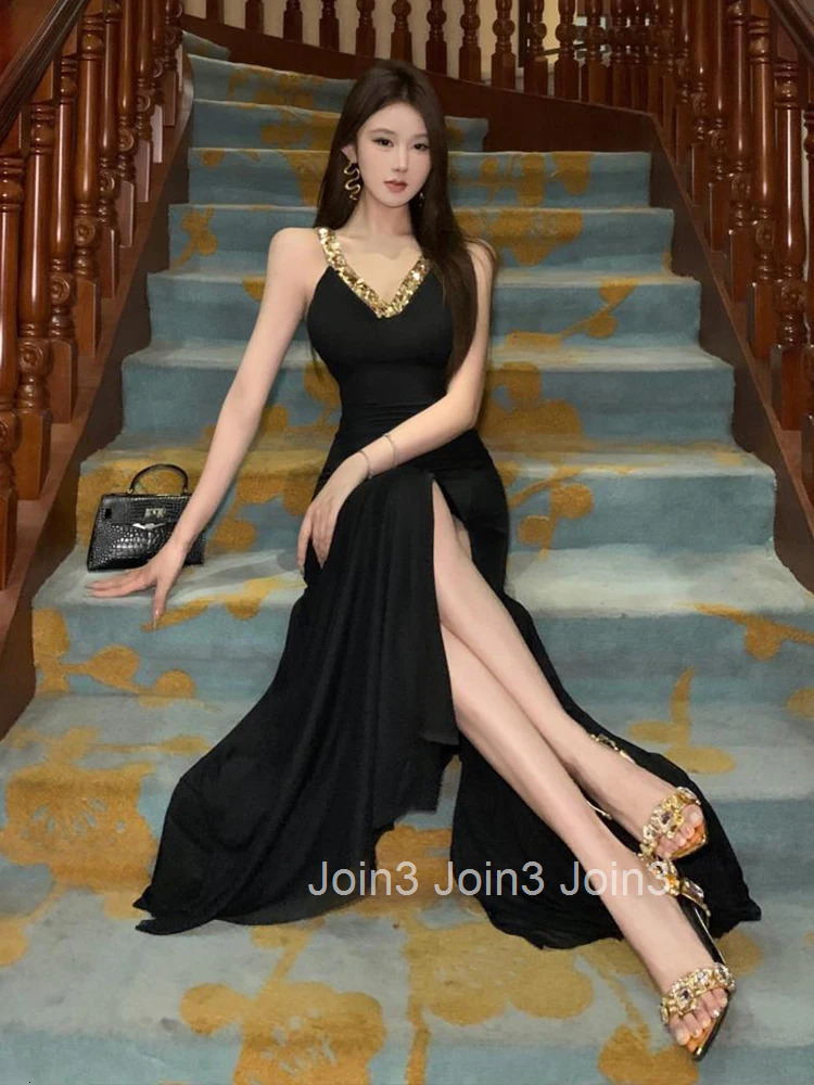 Women Clothes Retro Black Gold Sequin Sexy Strap Backless Slim A-Line Long Dress Elegant Fashion Evening Party Prom Vestido Robe