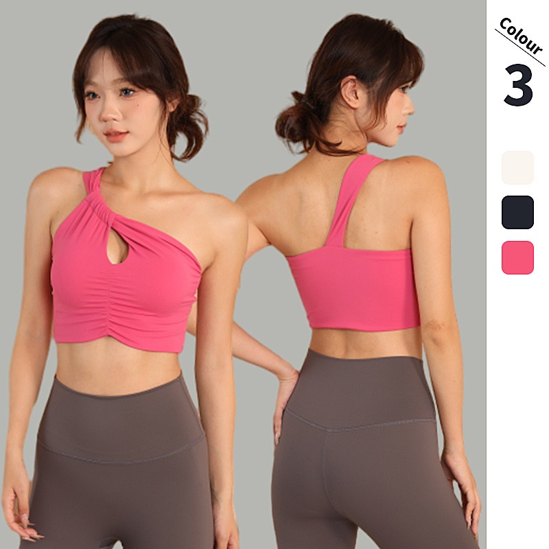 Women's Oblique Shoulder One-Piece Sports Bra - Quick-Dry Fitness Yoga Vest with Gathering & Shaping Features