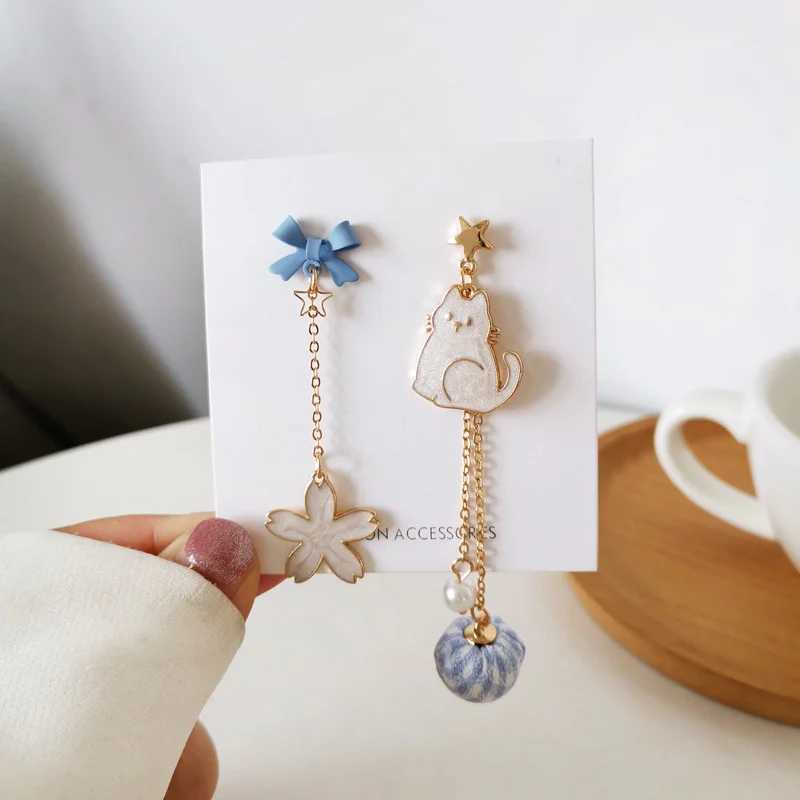 New Trend Blue Flower Dangle Earrings For Women Cute Animal Cat Cherry Blossoms Asymmetrical Earring Party Kitten Jewelry Gifts XJ250623