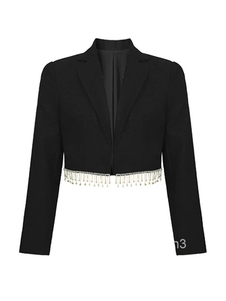 New Fashion Design Chic Summer Elegant Office Women Suit Black Formal Diamond Tassel Short Coat Blazer Jacket Lady Mujer Outwear
