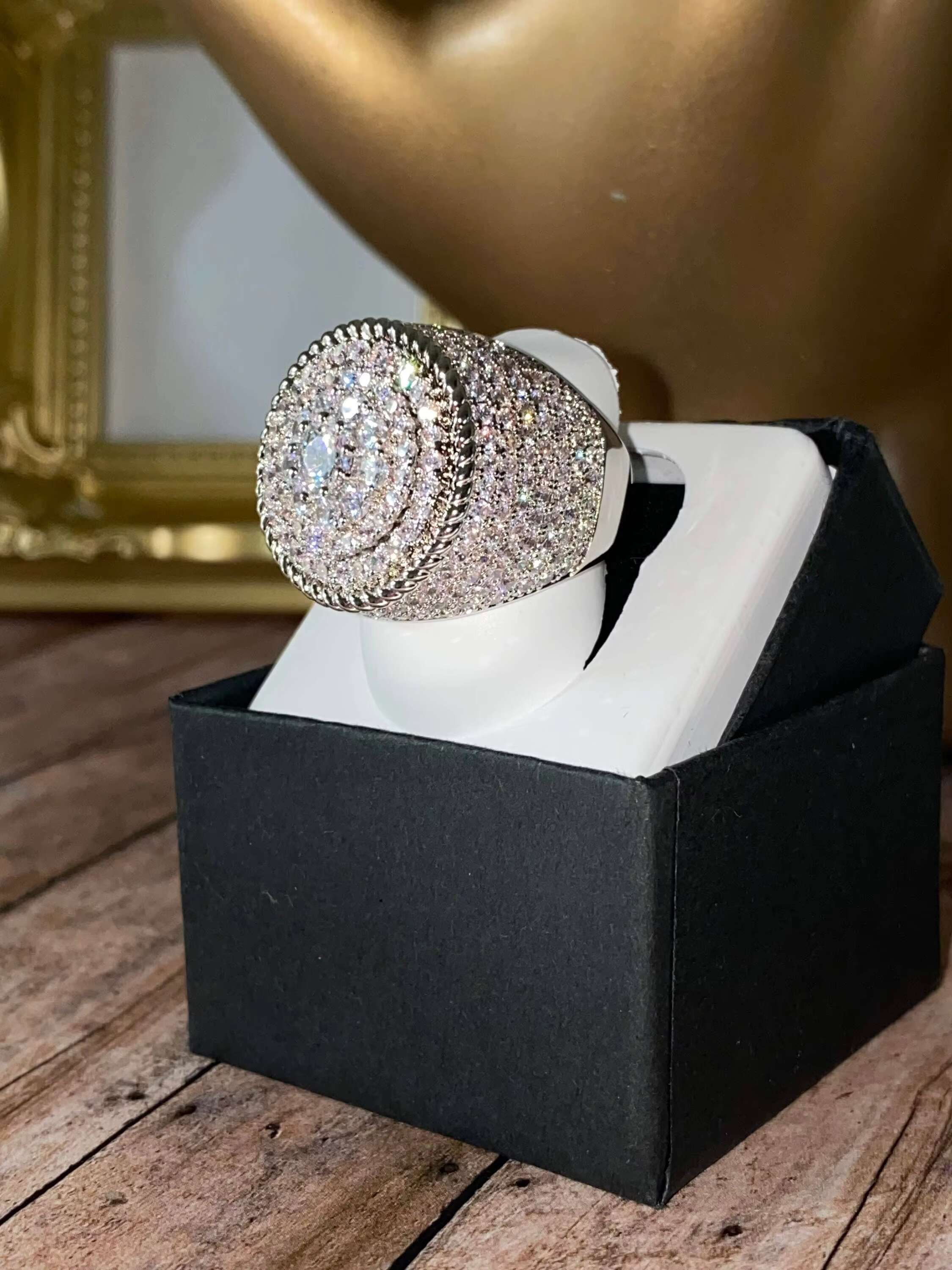 Mens Real Solid 925 Sterling Silver Iced White Moissanite Diamond Engagement Wedding Birthday Party Daily Wear Ring