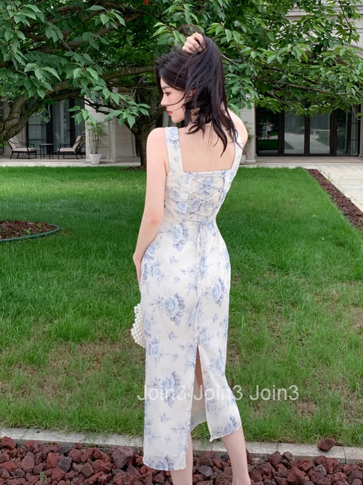 Summer Long One Piece Dress Women Vacation Clothes Elegant Pretty Sweet Print Tank Sleeveless Slim Midi Party Robe Mujer Vestido