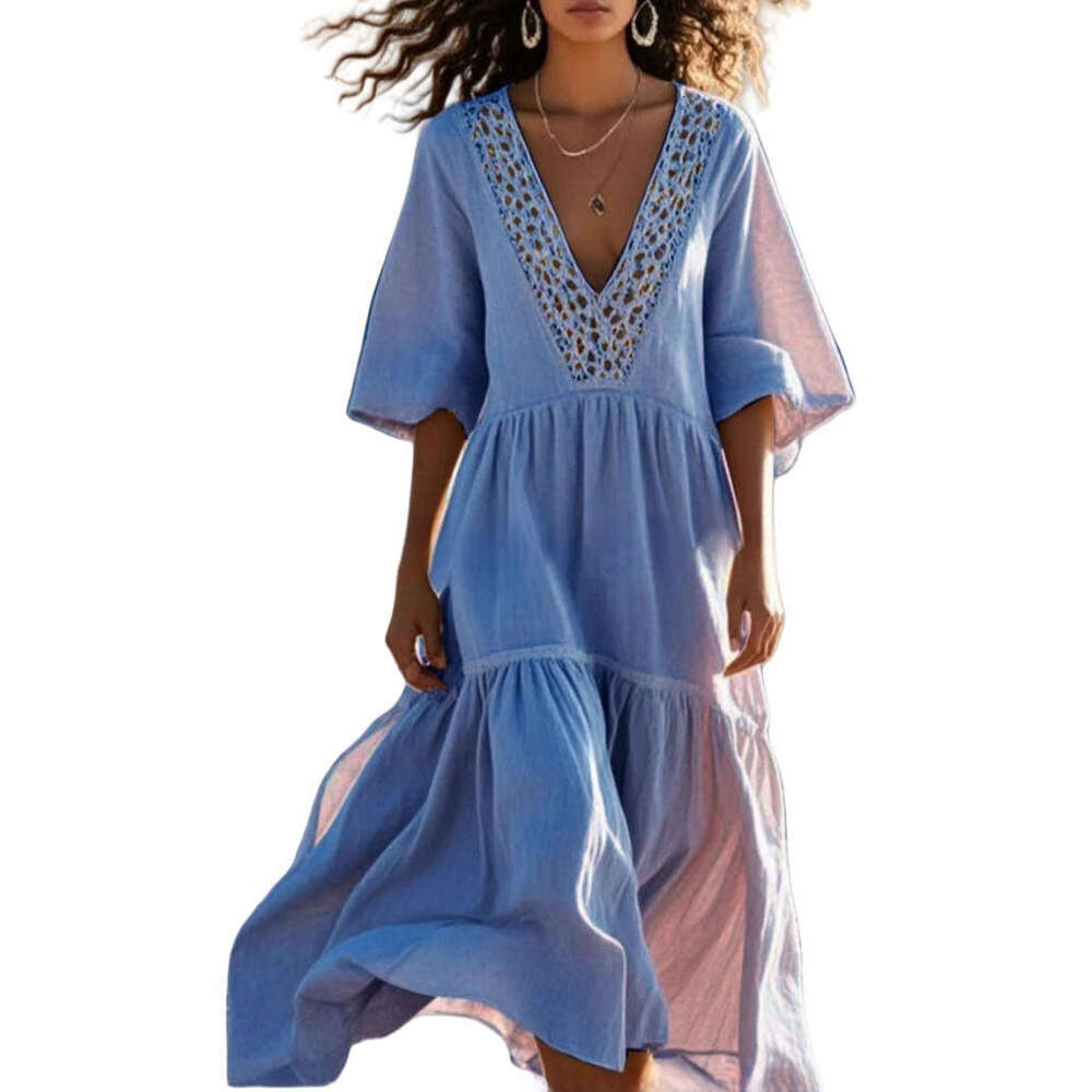 V-Neck Hollow Lace Beach Vacation Loose Swing Dress B5