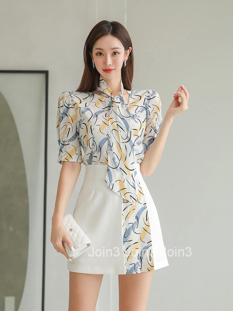 Summer 2 Pieces Outfits Women Elegant Print Short Sleeve Tops Shirt Blouse High Waist Mini Skirt Mujer Slim Set Street Clothes