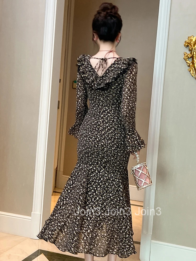 New Autumn Fashion Chiffon Floral Elegant Ruffle Long Dress Women Clothes Casual Sweet Flare Sleeve Slim Robe Party Prom Vestido