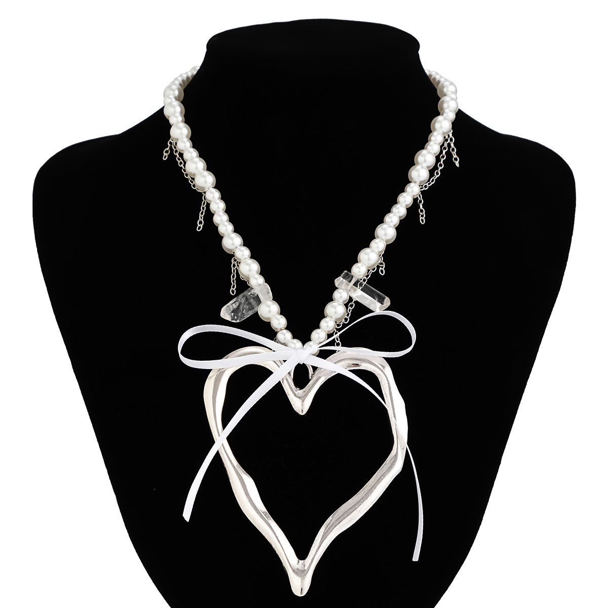 Ins Style Lava Heart Pendant Bowknot Exaggerated Imitation Pearl Elegant Necklace for Women