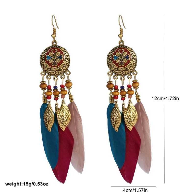 Boho Feather Tassel Earrings 2024 Train Elegant Antique Alloy Carved Wood Bead Dangling Earrings Women Party Jewelry XJ250623