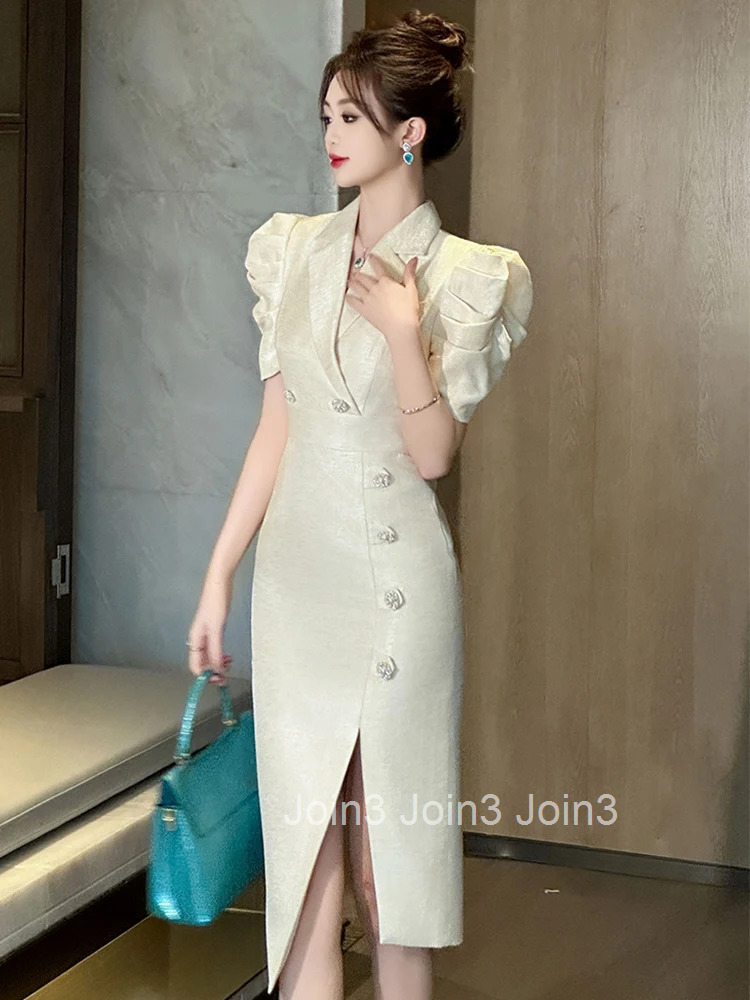 New Summer Fashion Formal Occasion Blazer Pencil Dress Women Clothes Elegant Office Vintage Puff Sleeve Slim Slit Midi Vestidos