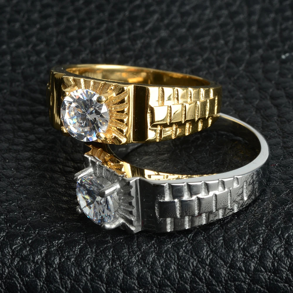 Fine Pure Yellow Gold Color Ring Solitaire 1ct Cubic Zircon Wedding Band No Faded Stainless Steel Rings For Women Accessories 250617