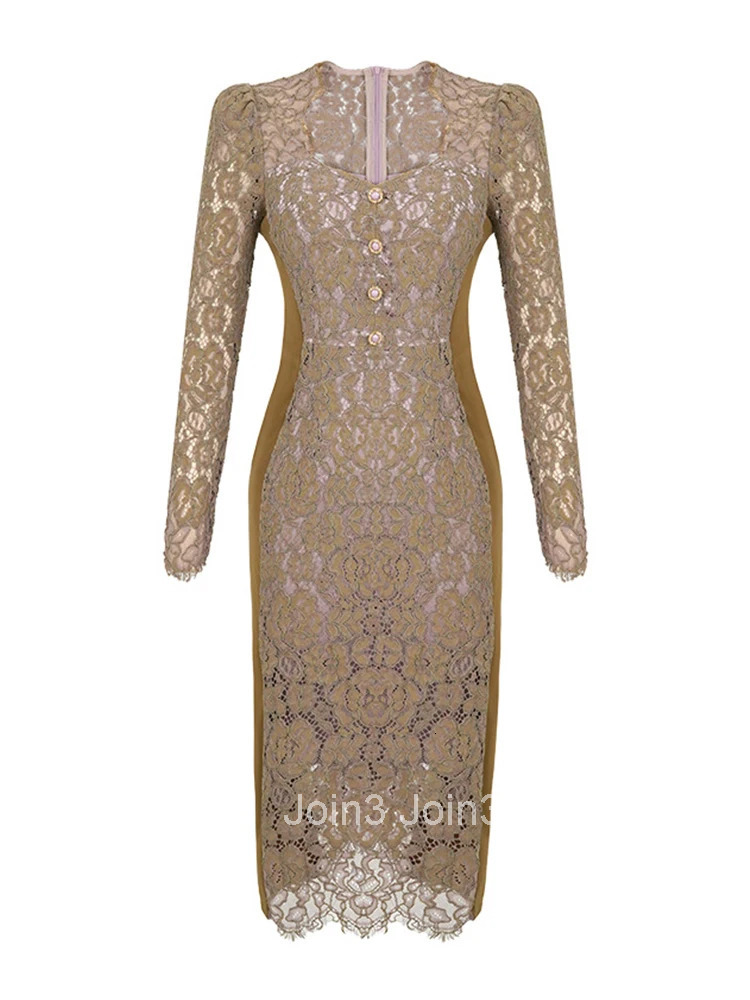 New Spring Fashion Lady Work Style Commute Vintage Lace Dress Women Clothing Elegant Office Square Collar Slim Wrap Hip Vestidos