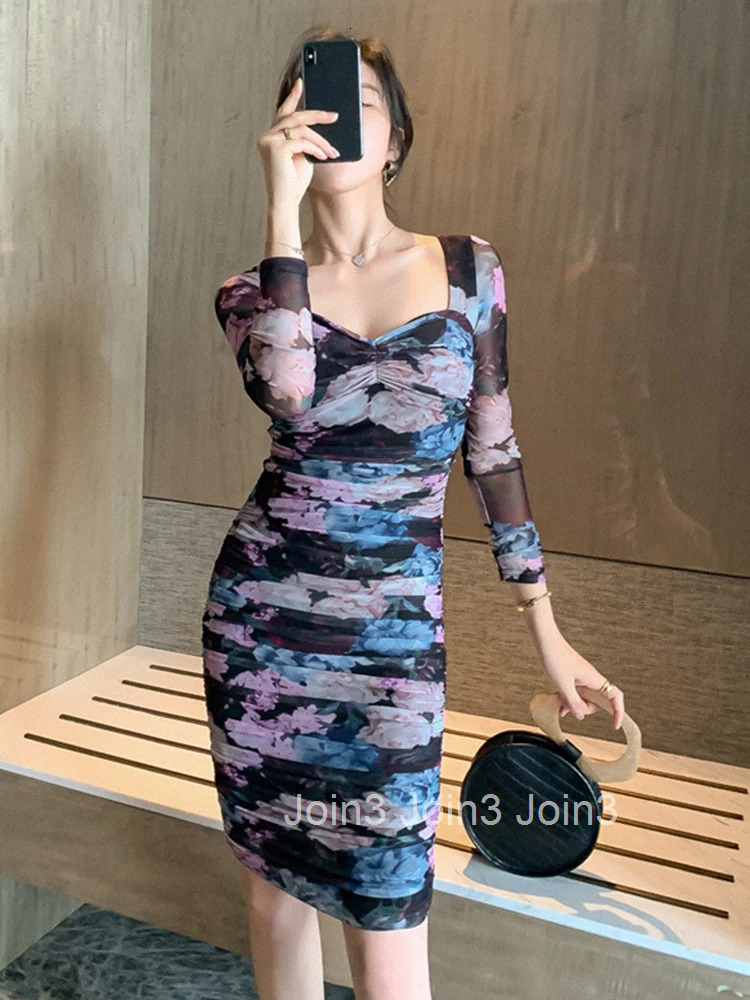 Fashion Women Slim Perspective Formal Dress New Arrival Office Lady Sexy High Quality Vintage Elegant Print Basic Pencil Dress