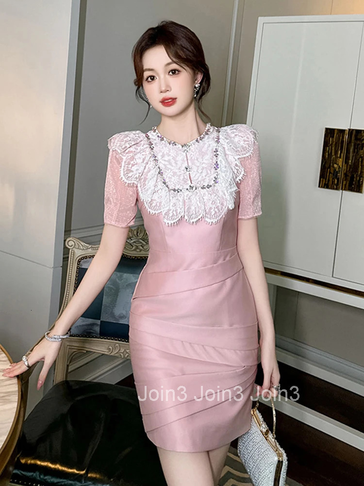 New Summer Fashion Pink Sweet Elegant Luxury Evening Dress Women Clothes Lace Splic Short Sleeve Slim Party Prom Vestidos Fiesta