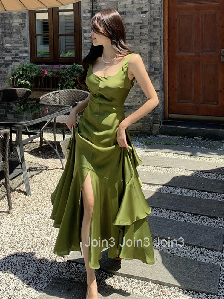 Korean Summer Satin Elegant Women Dress Casual Sexy Tank Backless Ruffle Split Maxi Party Lady Robe Femme Beach Mujer Vestidos