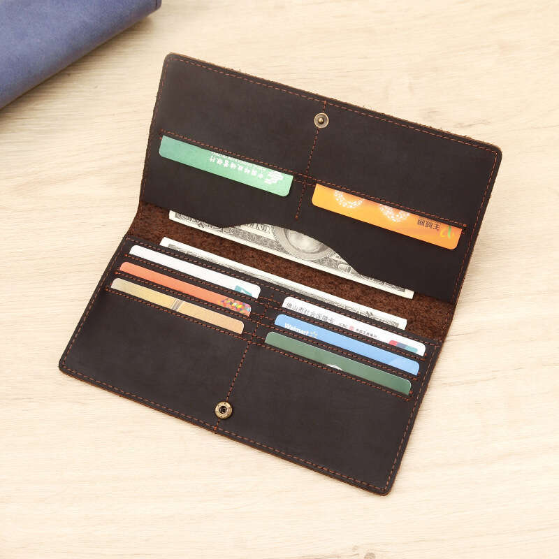 Men's Grain Leather Long Card Holder Multi-Card Slot Crazy Horse Cowhide Multi-Compartment Wallet