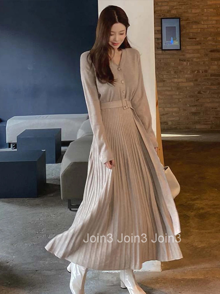 Fashion Autumn Winter Formal Knitted Long Dress Women Ladies Clothes Pretty Sweater Casual V-Neck Slim Midi Robe Mujer Vestidos