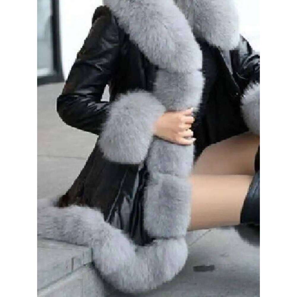 DEAT Fashion Women's PU Jacket Imitation Fox Fur Collar Single Breasted Long Sleeve Leather Coat Winter 2024 New 7AB6097