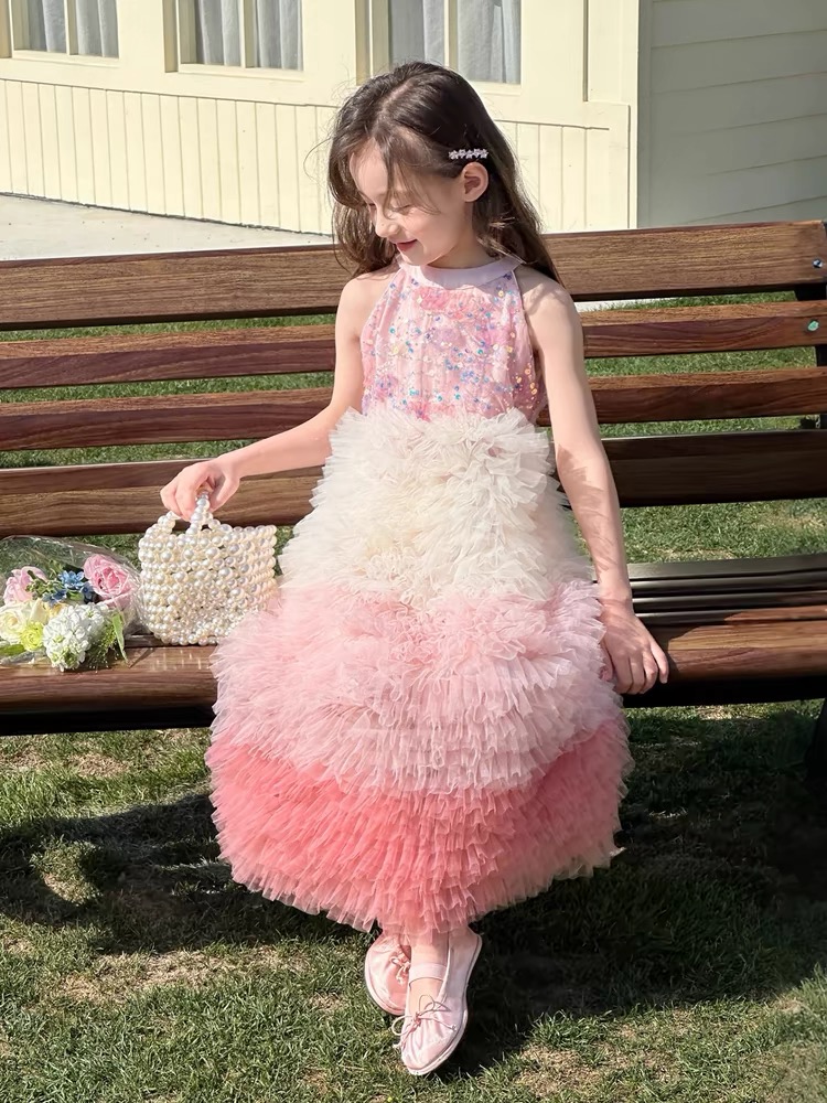 Girl's neck hanging dress casual dress fluffy dress rainbow gradient dress formal dress birthday party dress
