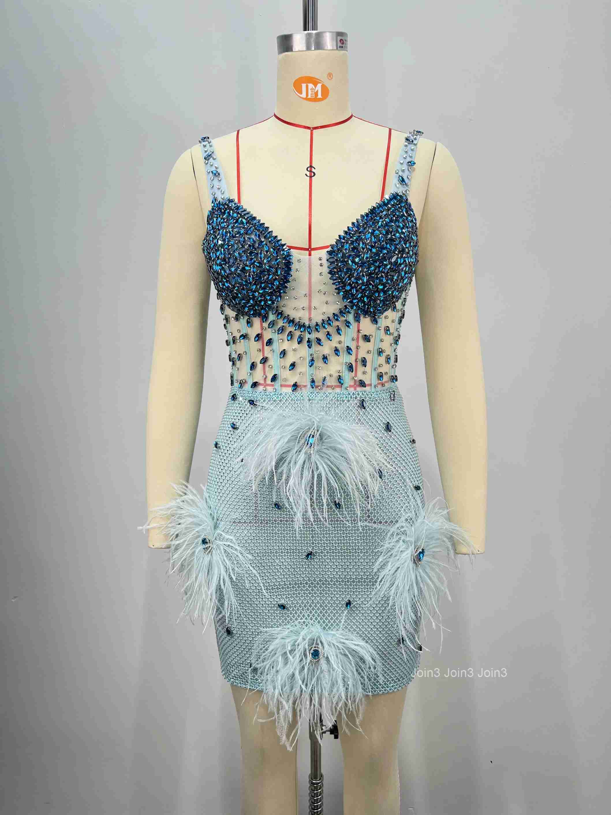 Sapphire Blue Sequin Evening Gown Feather Trim Bandage Dress Mesh Skirt Thin Straps Back Zipper Formal Party Dress