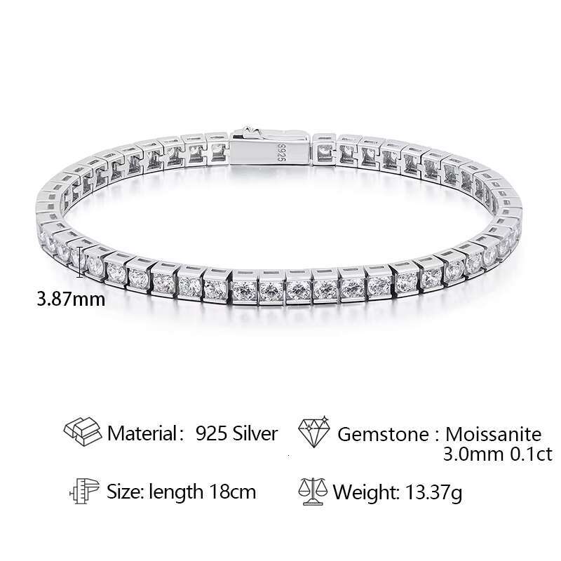 Hip Hop Tennis Diamond Bracelet 925 Silver Moissanite Womens Bracelet with GRA Certificate 3mm Fashion Mens Tennis Chain