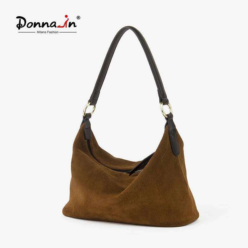 Donna-In Natural Cow Suede Shoulder Underarm Bag Genuine Leather Hobo Crescent Handbag Half Moon Winter Fashion Casual