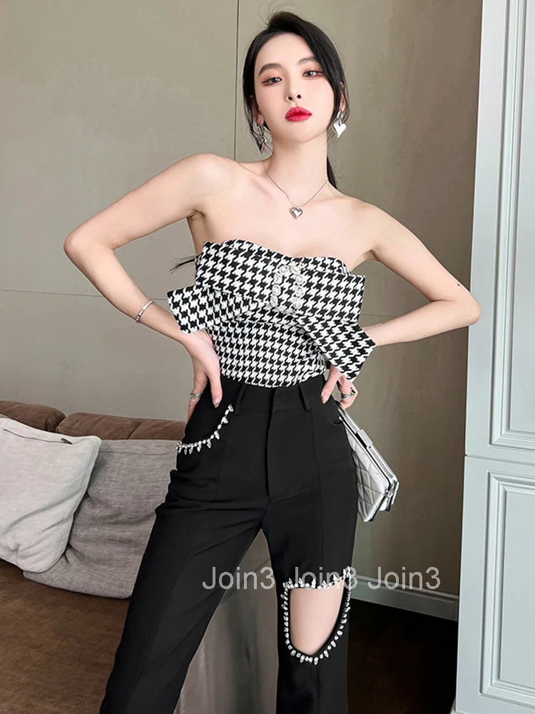 Elegant Women Sexy Party Club Ladies Clothes Strapless Blouse Houndstooth Chest Wrap Bow Diamond Coffee Break Female Short Tops