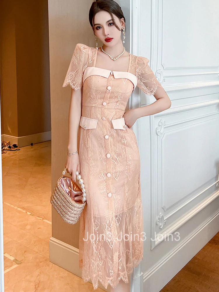 Fashion Summer Evening Party Long Dress Women Elegant Chic Lace Sparkly Bright Silk Pink Slim Midi Robe Femme Prom Mujer Vestido