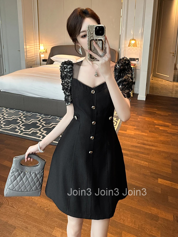 New Summer Fashion Black Retro Square Collar A-Line Short Dress Women Clothes Elegant Puff Sleeve Slim Party Prom Vestido Fiesta