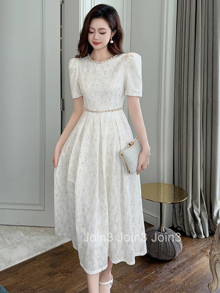 Summer Fashion White Lace Evening Dress Women Clothes Elegant Sweet Flower Puff Sleeve Slim Midi A-Line Party Prom Vestidos Robe