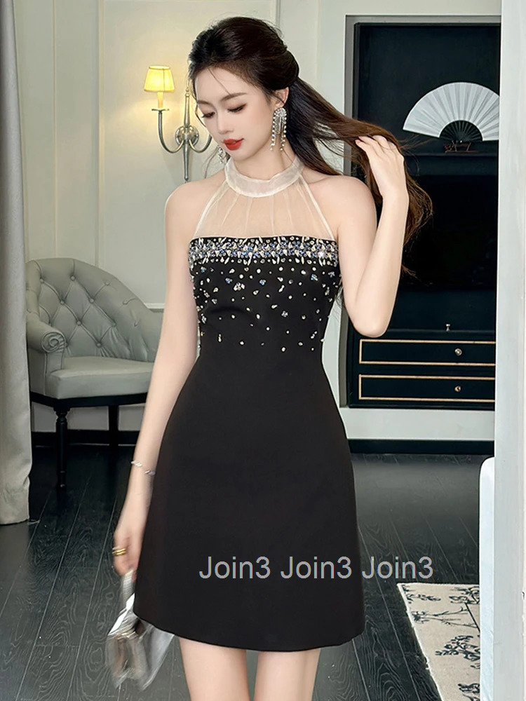 Summer Fashion Lady Vintage Black Evening Dress Women Clothing Elegant Luxury Sexy Halter Slim Short Party Prom Vestidos Fiesta