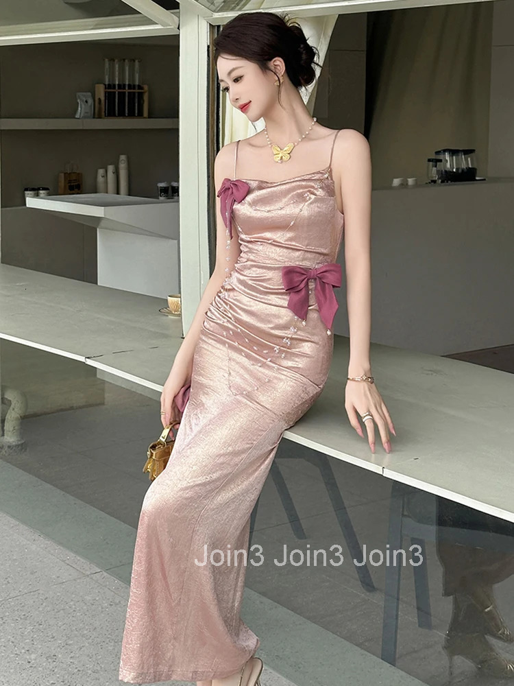 New Summer Sweet Pink Satin Vacation Evening Long Dress Women Clothes Elegant Bow Sexy Sling Skinny Maxi Robe Party Prom Vestido