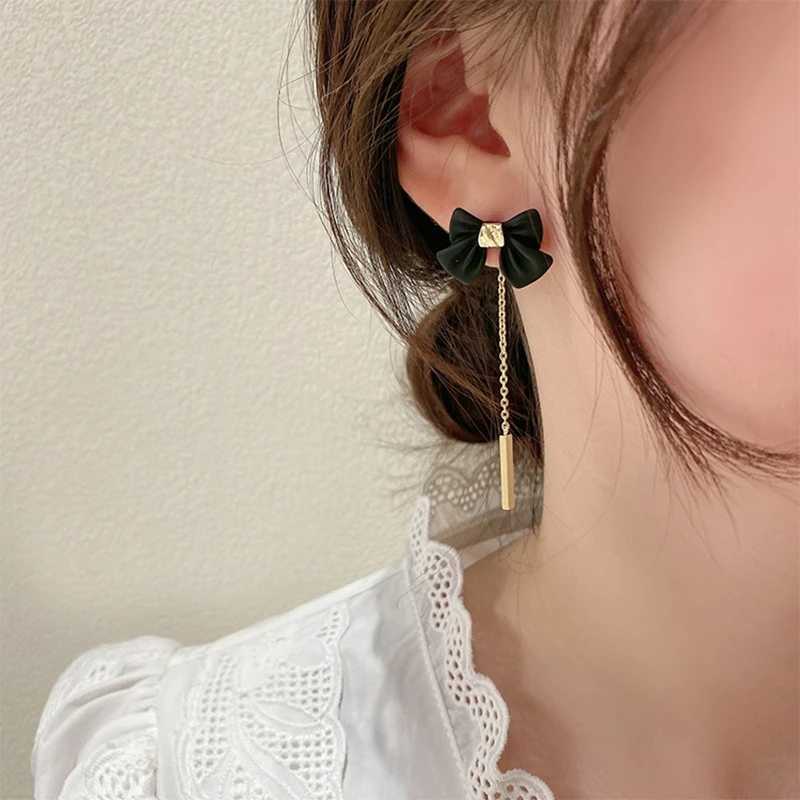 Korean Black Bowknot Chain Tassel Long Pendant Earrings for Women Simple Ear Line Boucle Doreille Femme Valentines Day Gift XJ250623