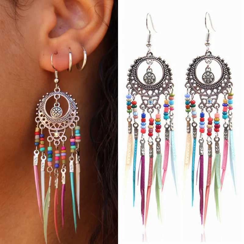Bohemian Feather Earrings 2024 Ethnic Vintage Rainbow Colorful Beads Feather Tassel Earrings For Women Ethnic Jewelry XJ250623
