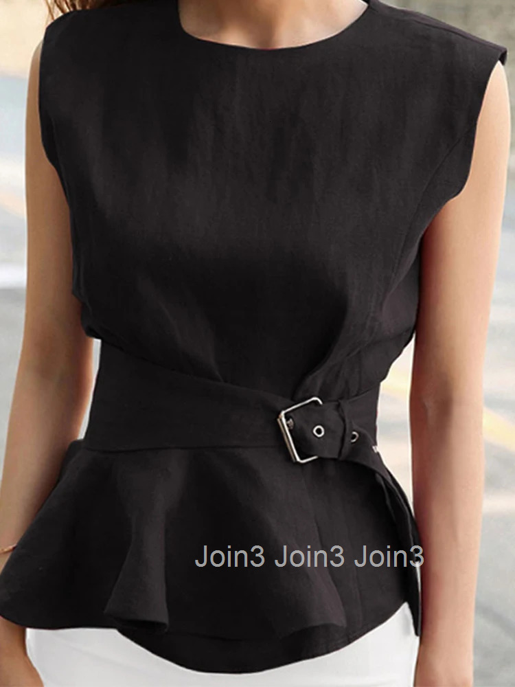 Fashion Summer Elegant Women Shirt Casual Retro Pullover Solid Ruffle O-Neck Sleeveless Tunic Slim Belt Blouse Ladies Short Tops