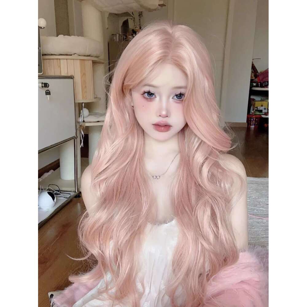 Rose Pink Hair For Women, Middle Part, Bangs, Big Waves, Long Curly Hair, Internet Celebrity Lolita Full Wig