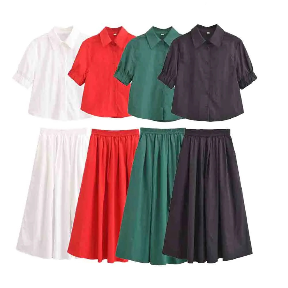 UNIZERA2024 Summer Product Casual Womens Fashion Solid Color Collar Short Sleeve Shirt Midi Skirt Set 250614