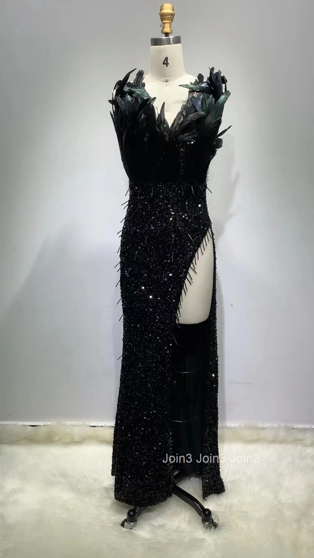 Newest Womens Bra Low Neck Sequin Feather Sleeveless Dress with High Slit Black Red-Carpet Evening Fishtail Clothing for Ladies