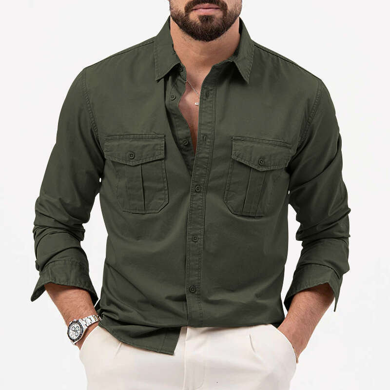 New Cross-Border Trade Simple European and American Men's Shirt with Multiple Pockets Casual Long Sleeve Top for Men