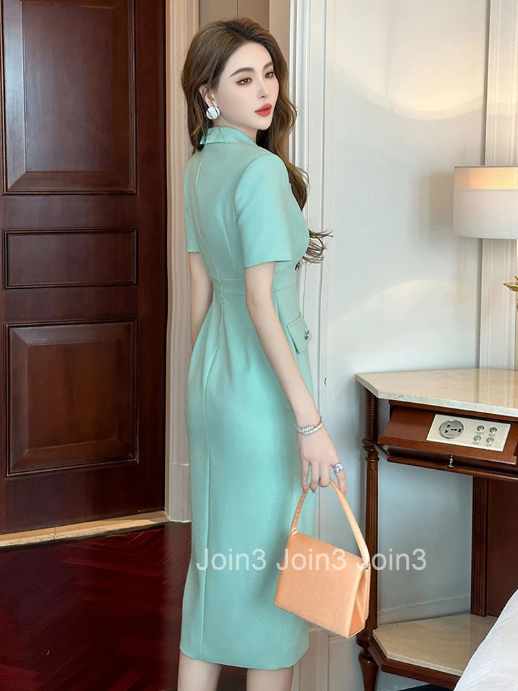 New Summer Green Business Formal Occasion Pencil Dress Women Clothes Elegant Office Classic Short Sleeve Slim Midi Party Vestido