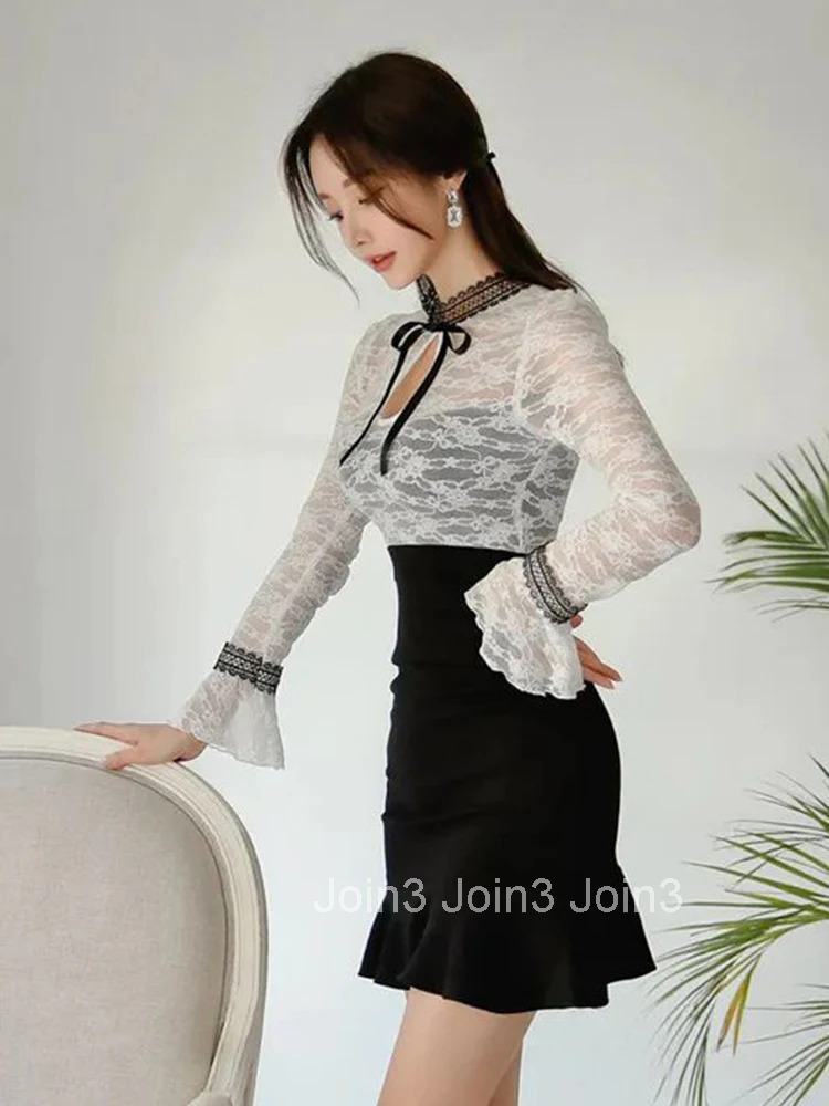 New Korean Fashion Spring Ladies Y2K Lace Splic Short Dresses Women Sweet Sheer Sexy Flare Sleeve Slim Mini Dress Mujer Vestidos
