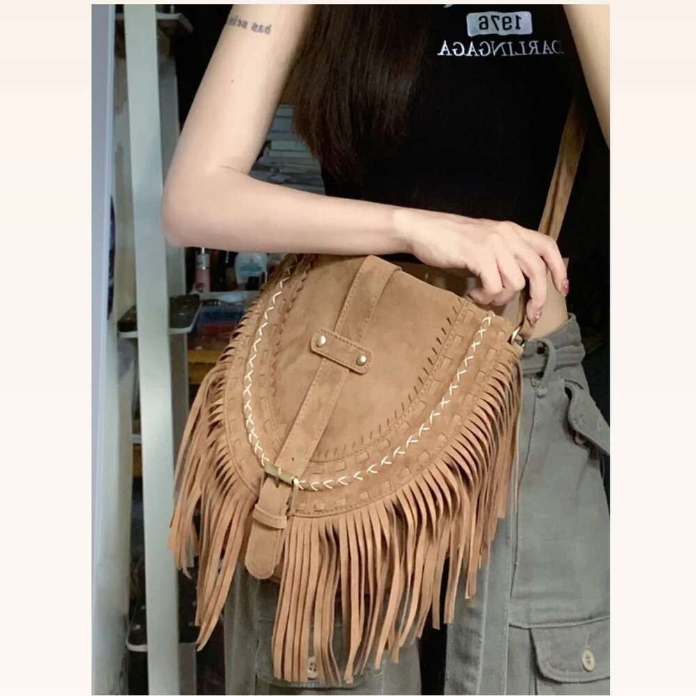 2024 New Faux Suede Tassel for Women, Khaki Color, Versatile Ethnic Style Crossbody Bag Trend
