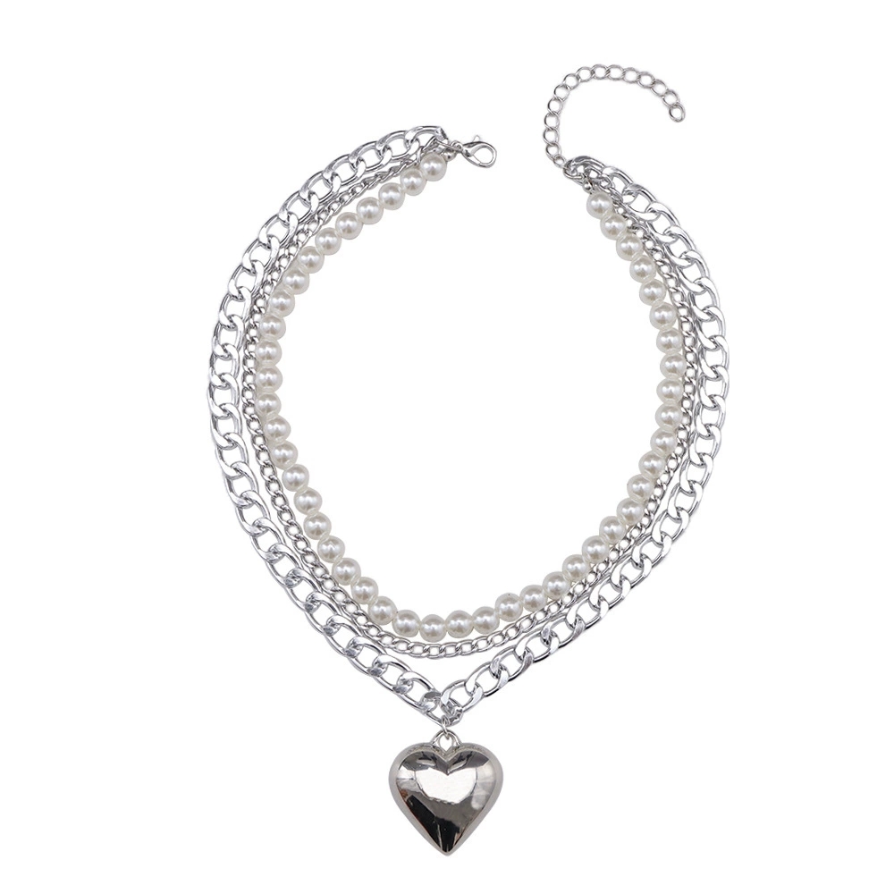 Chic Shimmering Heart Charm with Layered Pearl Beads - Intricate Metal Link Neckpiece
