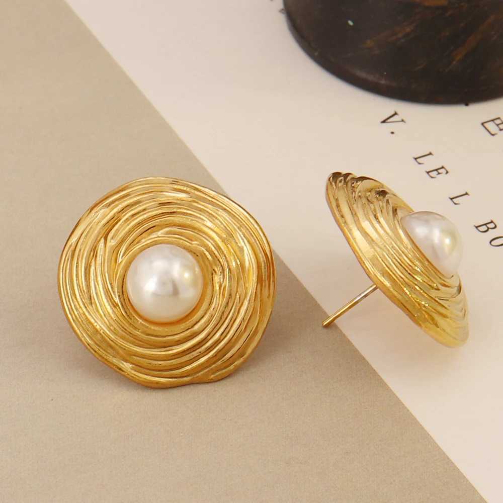 316L Stainless Steel Texture Cutout Inlaid Turquoise Stud Earring for Women Summer Beach Imitation Pearl Earrings Girl JewelryXJ250623