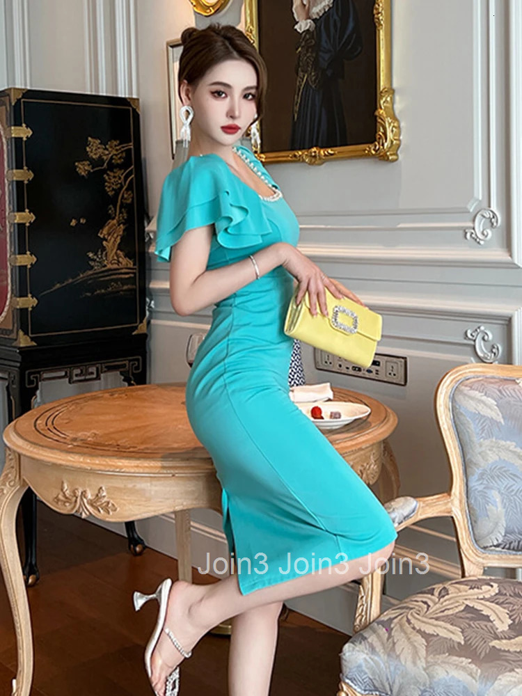 Summer Elegant Office Women Evening Dress Vintage Ruffle Square Collar Slim Midi Pencil Party Prom Stretchy Femme Mujer Vestidos