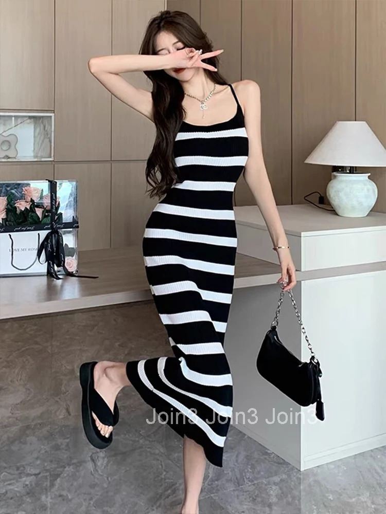 Women Stretchy Clothes Black White Striped Sexy Strap Skinny Bodycon Long Dress Ladies Fashion Party Prom Vestidos Robe Summer