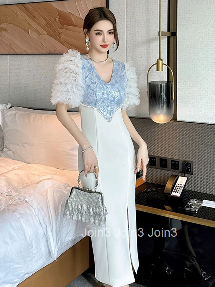 New Summer Fashion Sweet Evening Runway Dress Women Clothes Mujer Elegant Luxury V-Neck Slim Midi Party Birthday Gown Vestidos