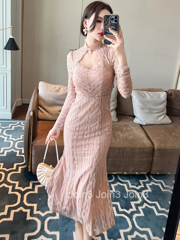 New Spring Lace Sweet Evening Long Fishtail Dresses Women Clothing Chic Sexy Hollow Slim Party Dress Robe Mujer Autumn Vestidos